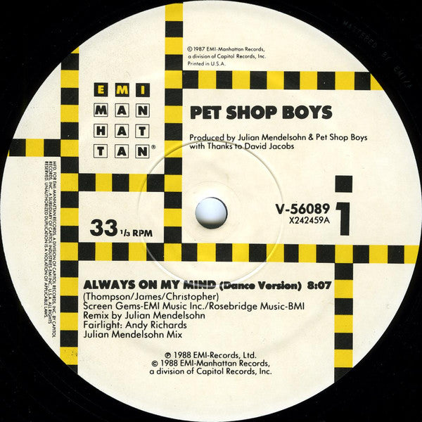 Pet Shop Boys - Always On My Mind (12") [US] 1st (Near Mint (NM or M-))