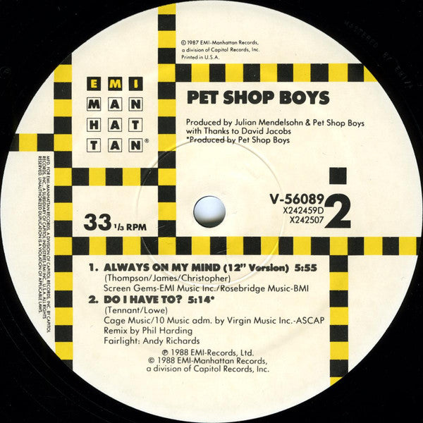 Pet Shop Boys - Always On My Mind (12") [US] 1st (Near Mint (NM or M-))