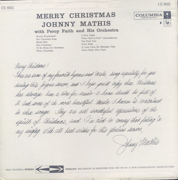 Johnny Mathis - Merry Christmas (LP) [US] RP (Very Good Plus (VG+))