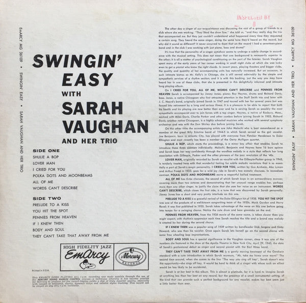 Sarah Vaughan And Her Trio - Swingin' Easy (LP) [US] 1st (Very Good (VG))