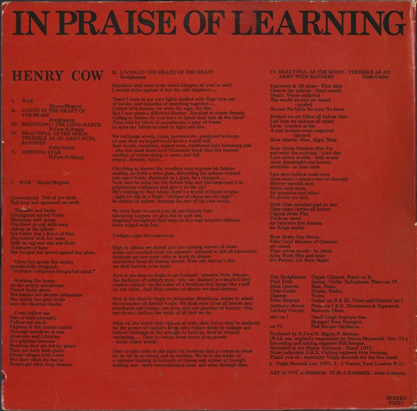 Henry Cow - In Praise Of Learning (LP) [UK] 1st (Near Mint (NM or M-))