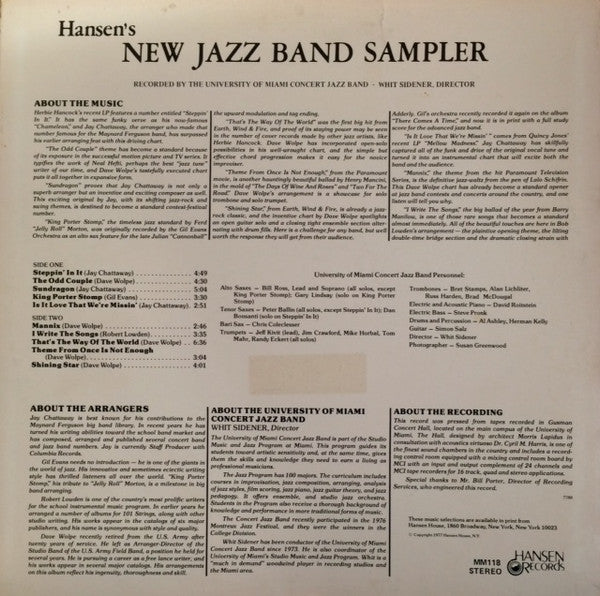 The University Of Miami Concert Jazz Band - Hansen's New Jazz Band Sampler (LP) [US] (Near Mint (NM or M-))