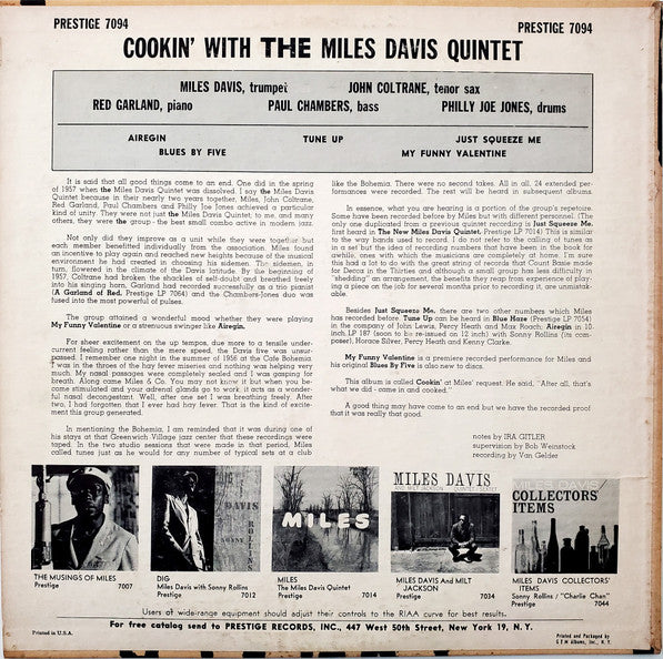 The Miles Davis Quintet - Cookin' With The Miles Davis Quintet (LP) [US] 1st (Very Good (VG))