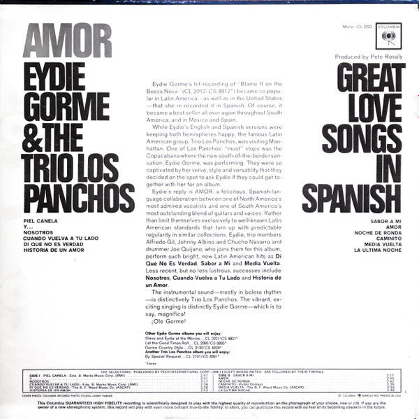 Eydie Gormé - Amor (Great Love Songs In Spanish) (LP) [US] 1st (Very Good Plus (VG+))