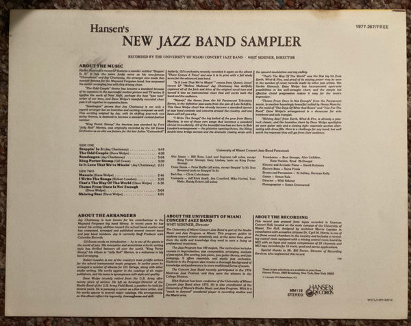 The University Of Miami Concert Jazz Band - Hansen's New Jazz Band Sampler (LP) [US] (Near Mint (NM or M-))