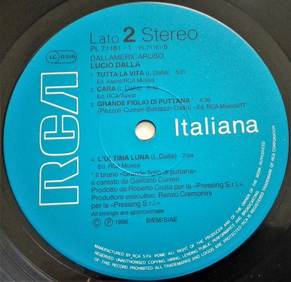 Lucio Dalla - Dallamericaruso (LP) [Italy] 1st (Very Good Plus (VG+))
