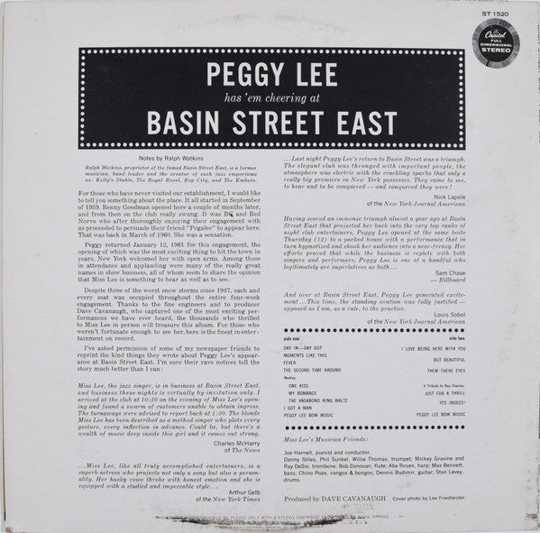 Peggy Lee - Basin Street East Proudly Presents Miss Peggy Lee Recorded At The Fabulous New York Club