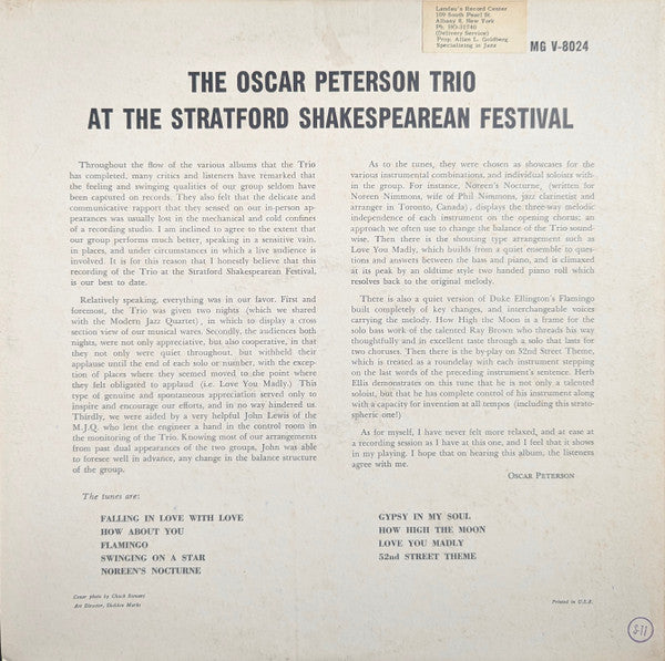 The Oscar Peterson Trio - At The Stratford Shakespearean Festival (LP) [US] 1961 RP (Very Good Plus (VG+))