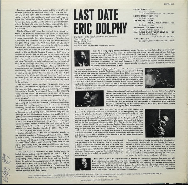 Eric Dolphy - Last Date (LP) [US] 1982 RP (Near Mint (NM or M-))