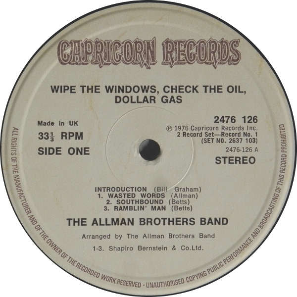 The Allman Brothers Band - Wipe The Windows, Check The Oil, Dollar Gas (1976 UK Press)