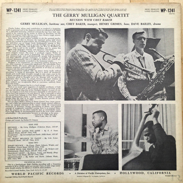 Gerry Mulligan Quartet - Reunion With Chet Baker (LP) [US] 1st (Very Good Plus (VG+))