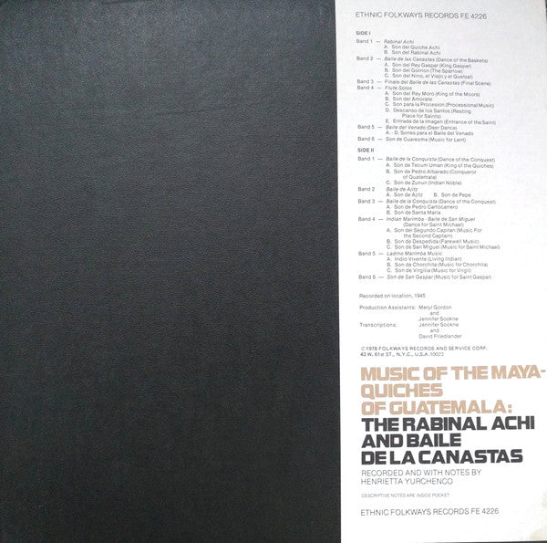Henrietta Yurchenco - Music of the Maya-Quiches of Guatemala: The Rabinal Achi and Baile de la Canastas (LP) [North America (inc Mexico)] 1st (Near Mint (NM or M-))