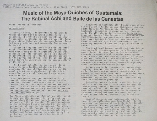 Henrietta Yurchenco - Music of the Maya-Quiches of Guatemala: The Rabinal Achi and Baile de la Canastas (LP) [North America (inc Mexico)] 1st (Near Mint (NM or M-))
