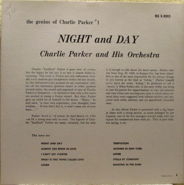 Charlie Parker And His Orchestra - Night And Day (LP) [US] 1960 RP (Very Good Plus (VG+))