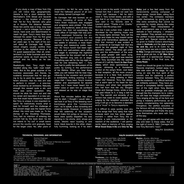 Tony Bennett - At Carnegie Hall Recorded Live June 9, 1962 (LP) [US] 2014 RP