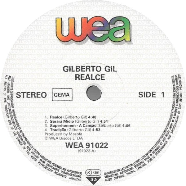 Gilberto Gil - Realce (LP) [Germany] RP (Near Mint (NM or M-))