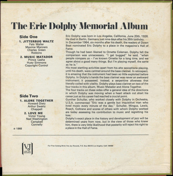 Eric Dolphy - The Eric Dolphy Memorial Album (LP) [US] 1968 RP (Very Good Plus (VG+))