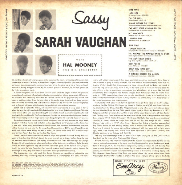 Sarah Vaughan - Sassy (LP) [US] 1st (Very Good Plus (VG+))