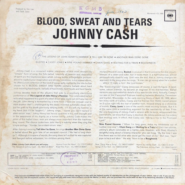 Johnny Cash - Blood, Sweat And Tears (LP) [US] 1st (Very Good Plus (VG+))