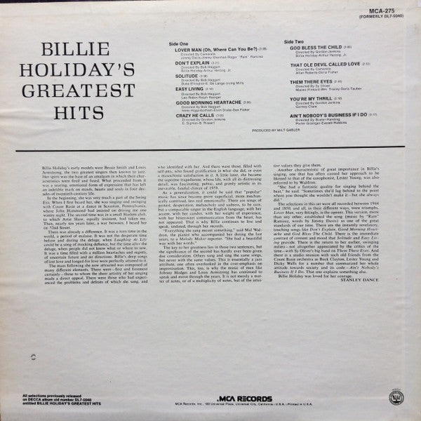 "Billie Holiday's Greatest Hits!" 1980 Compilation Vinyl LP (Vintage Pressing)