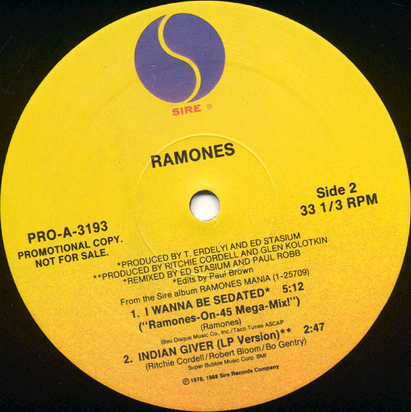 " I Wanna Be Sedated" 1988 Vintage Vinyl 12" (PROMO US Press)